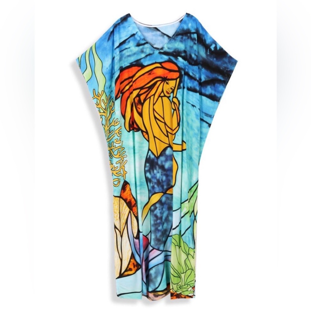 Roper Romp Vibrant Multicolor Mermaid Print Maxi Kaftan Dress